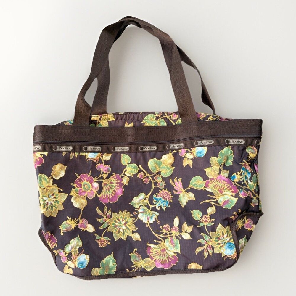 VTG Lesportsac Brown Floral Overnight Shopper Tote Bag 13x22 Le Sportsac USA